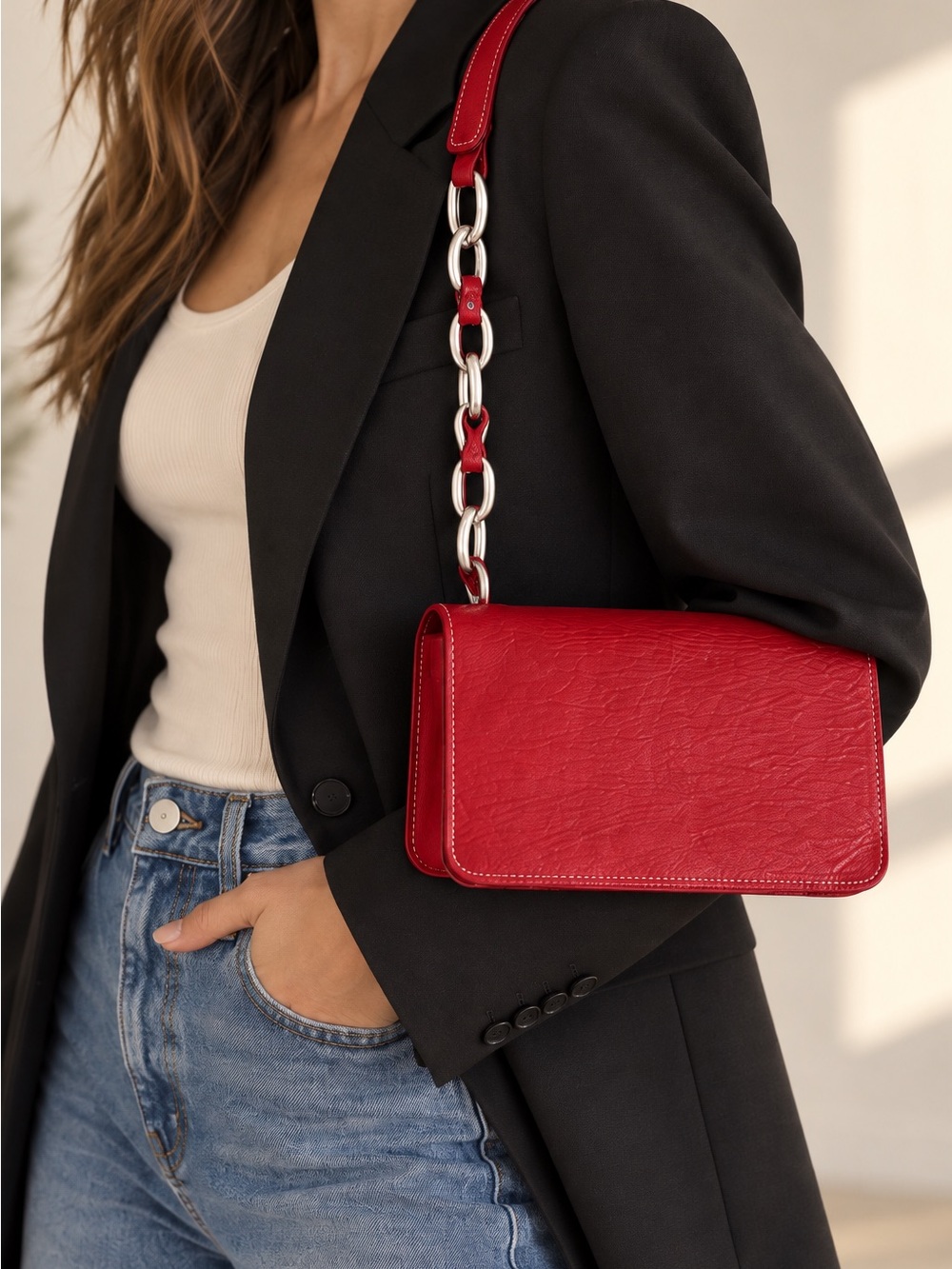 Jana Feifer Red Leather Y2K Chain Shoulder Bag Minimalist Chic Purse